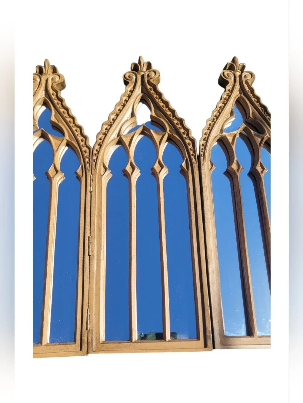 Wooden Gothic Arch Four-Panel Decor Mirror - Brown Cathedral Folding